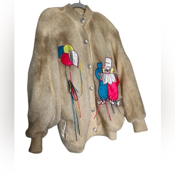 1970s Novelty Mohair Circus Clown Balloon Theme Retro cream Cardigan